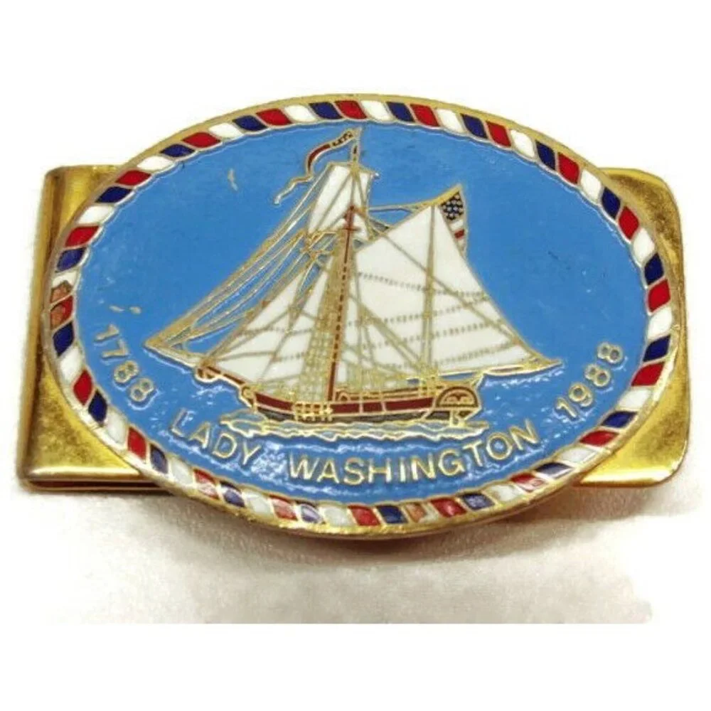 Lady Washington Ship Money Clip Red White Blue GoldT Vtg Cash Holder Credit Card
